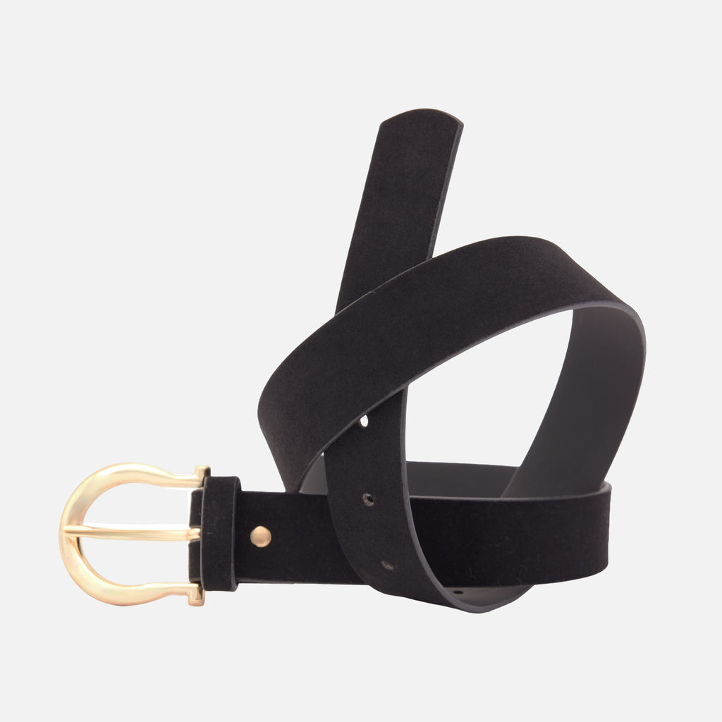 Women's Curved Buckle Suede Belt – Gold Color Metal Buckle